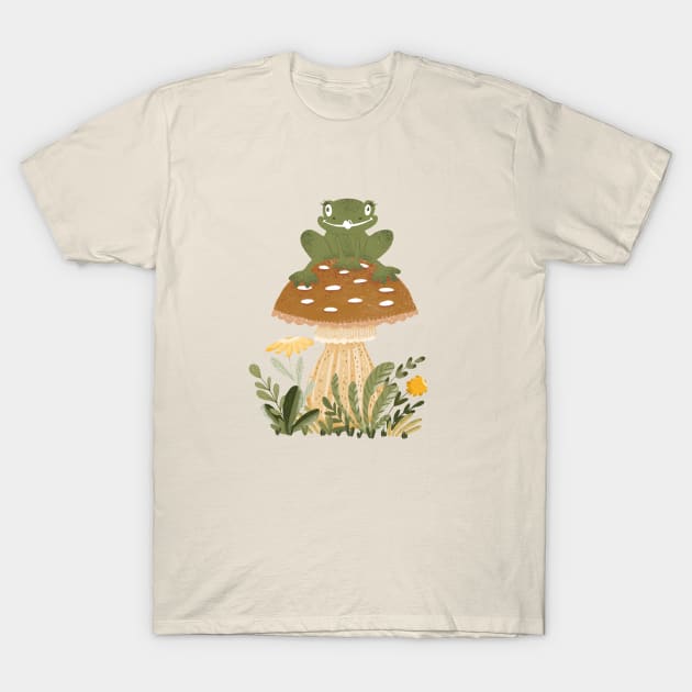 Cute Cottagecore Goblincore Frog Sat on a Forest Mushroom T-Shirt by uncommontee